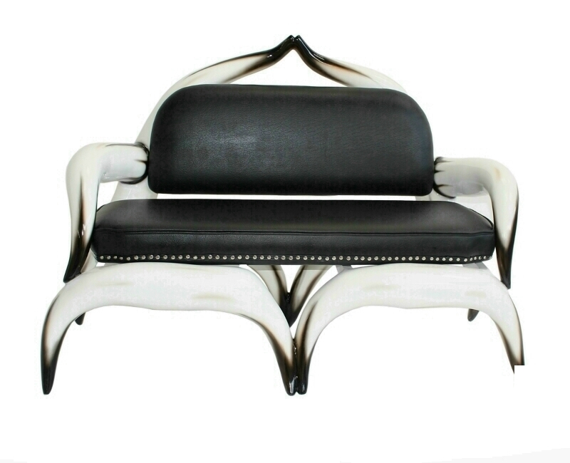 Bull Horn Sofa & Black Leather Studded Upholstery